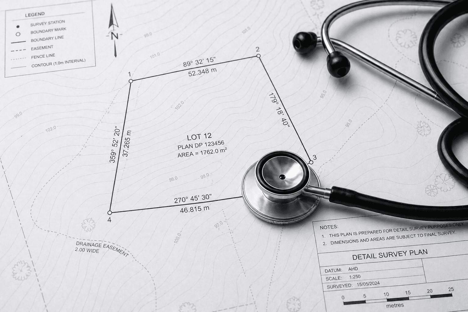 Detail survey plan with boundary lines and a stethoscope